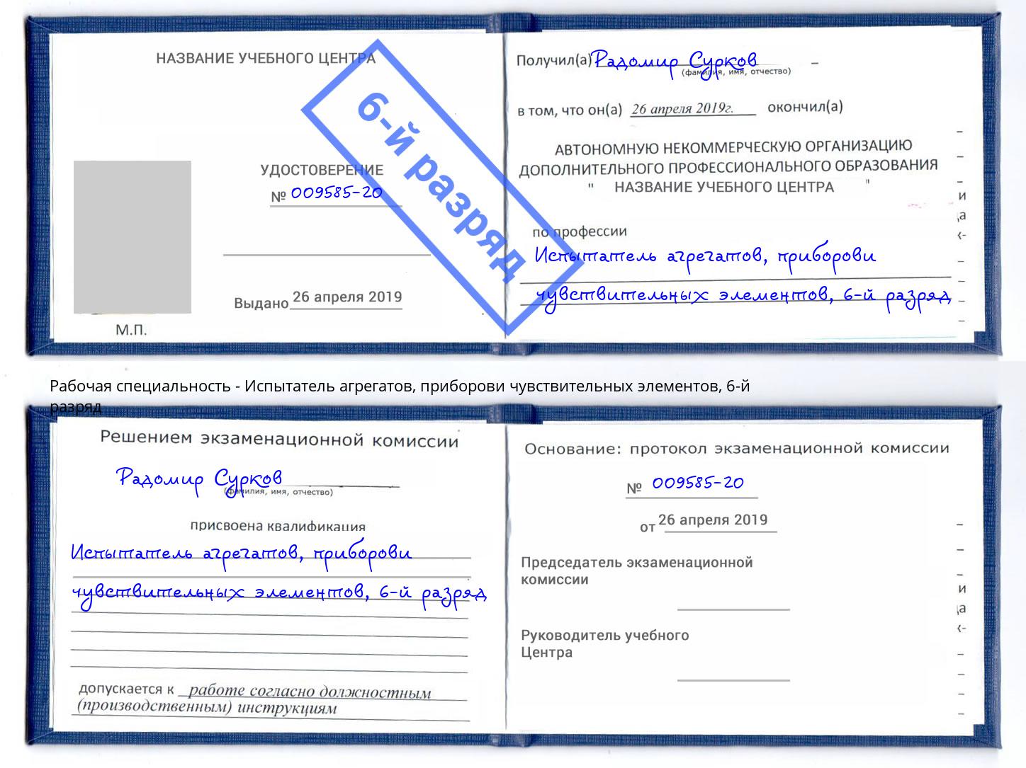 корочка 6-й разряд Испытатель агрегатов, приборови чувствительных элементов Сибай