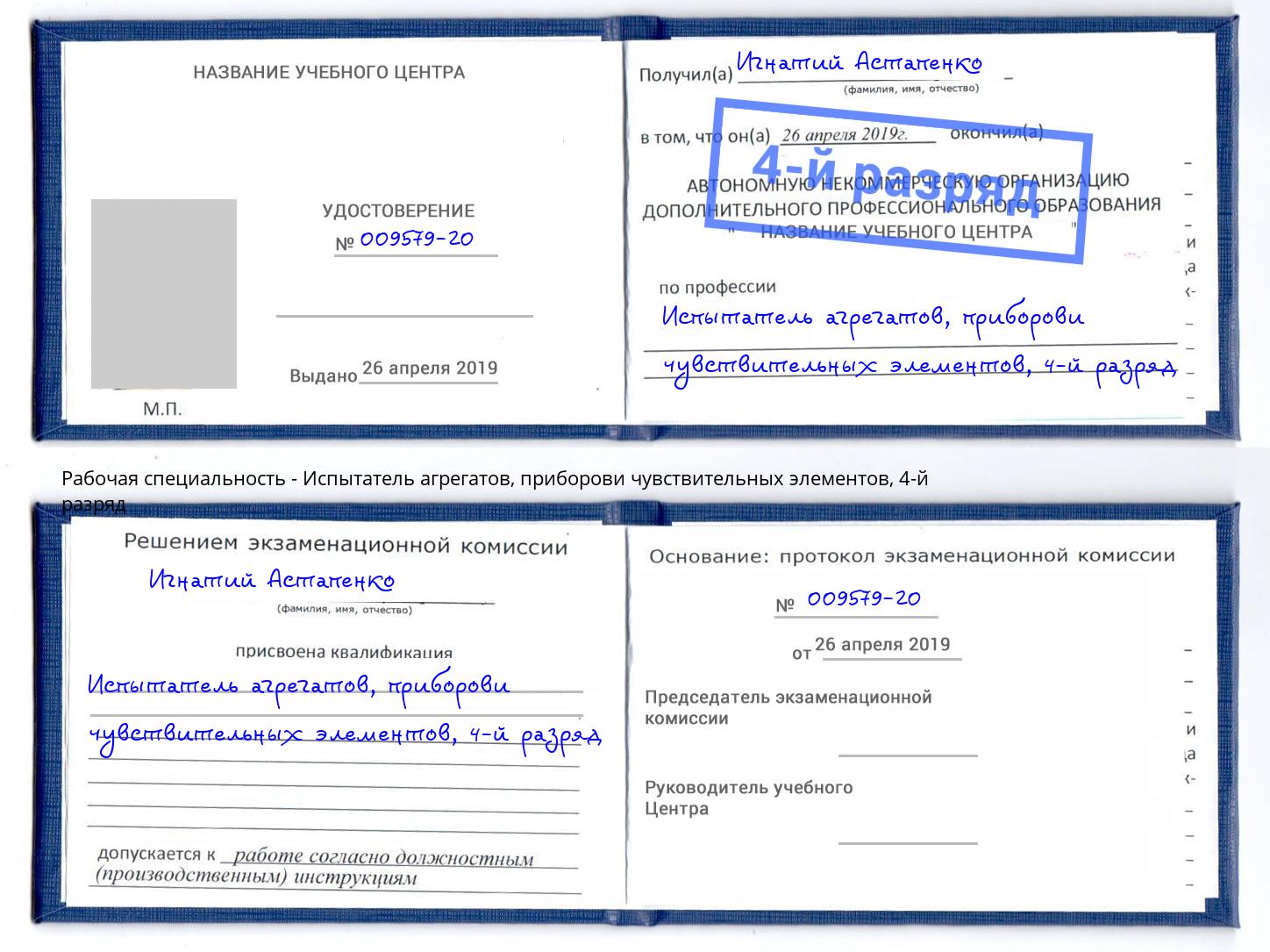 корочка 4-й разряд Испытатель агрегатов, приборови чувствительных элементов Сибай