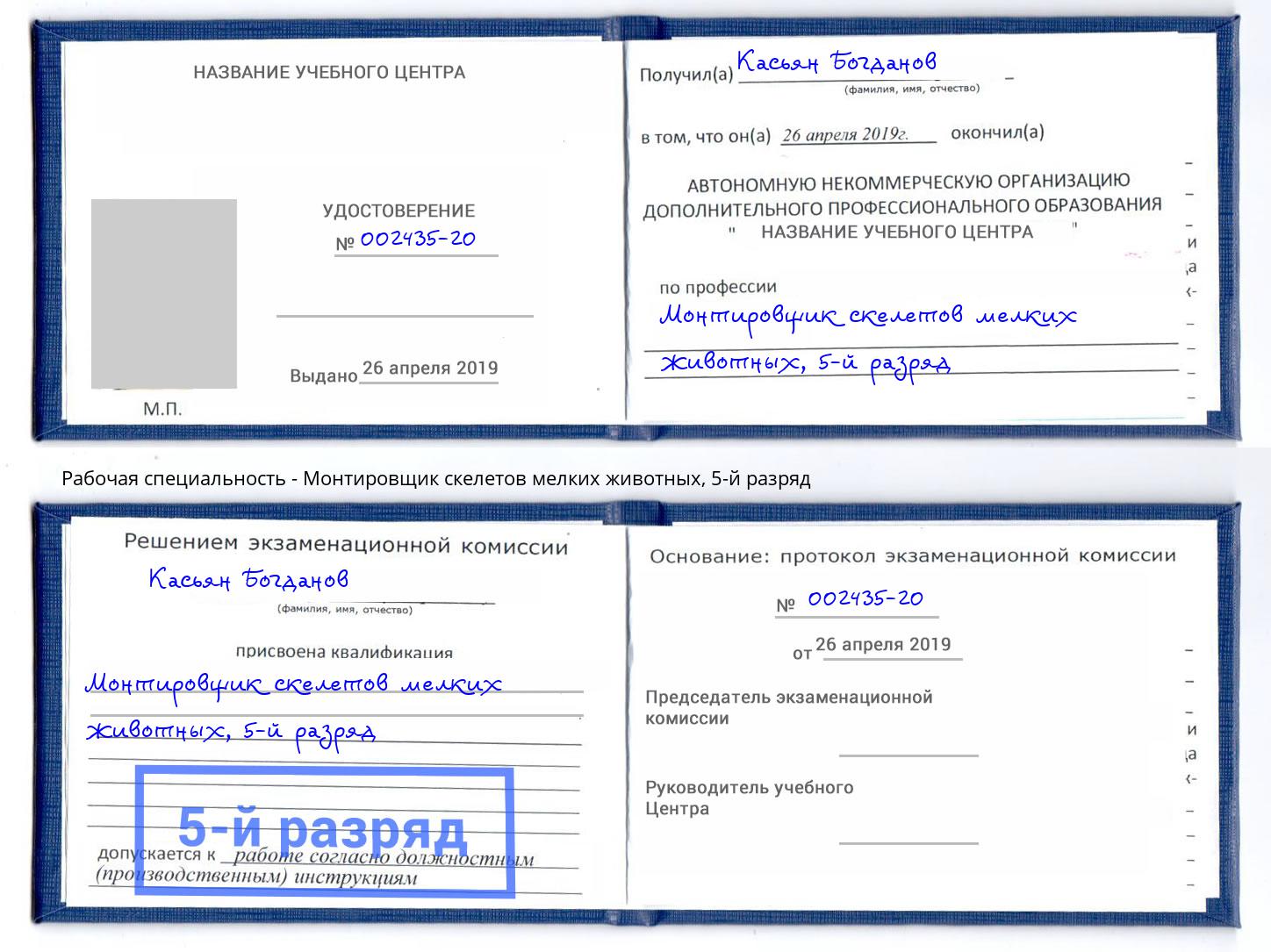 корочка 5-й разряд Монтировщик скелетов мелких животных Сибай