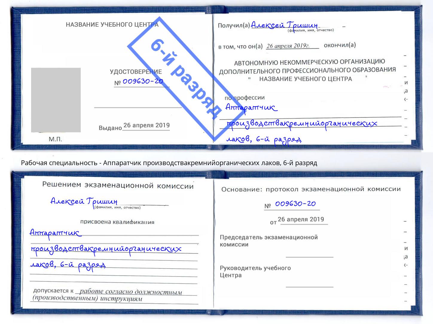 корочка 6-й разряд Аппаратчик производствакремнийорганических лаков Сибай