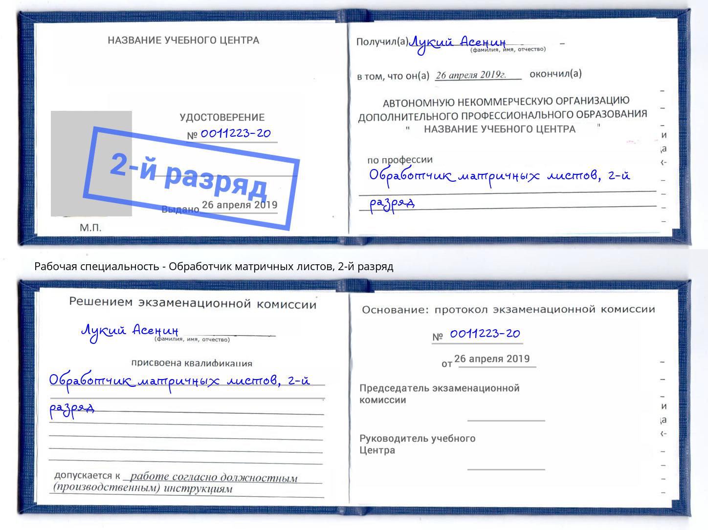 корочка 2-й разряд Обработчик матричных листов Сибай